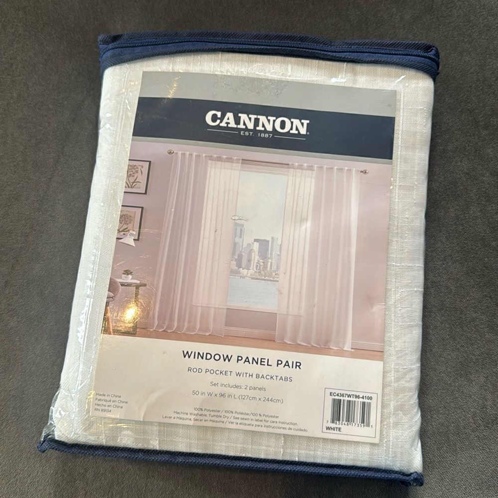 Cannon Curtains White Window Panel Pair Rod Pocket Back Tabs 50”W x 96”L NEW